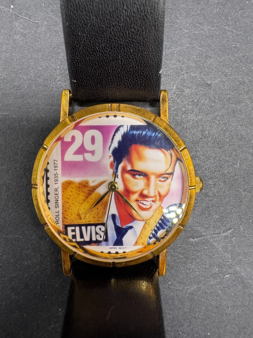 Vintage ELVIS Stamp Watch Round Dial Hi End French Black Leather Band 33MM